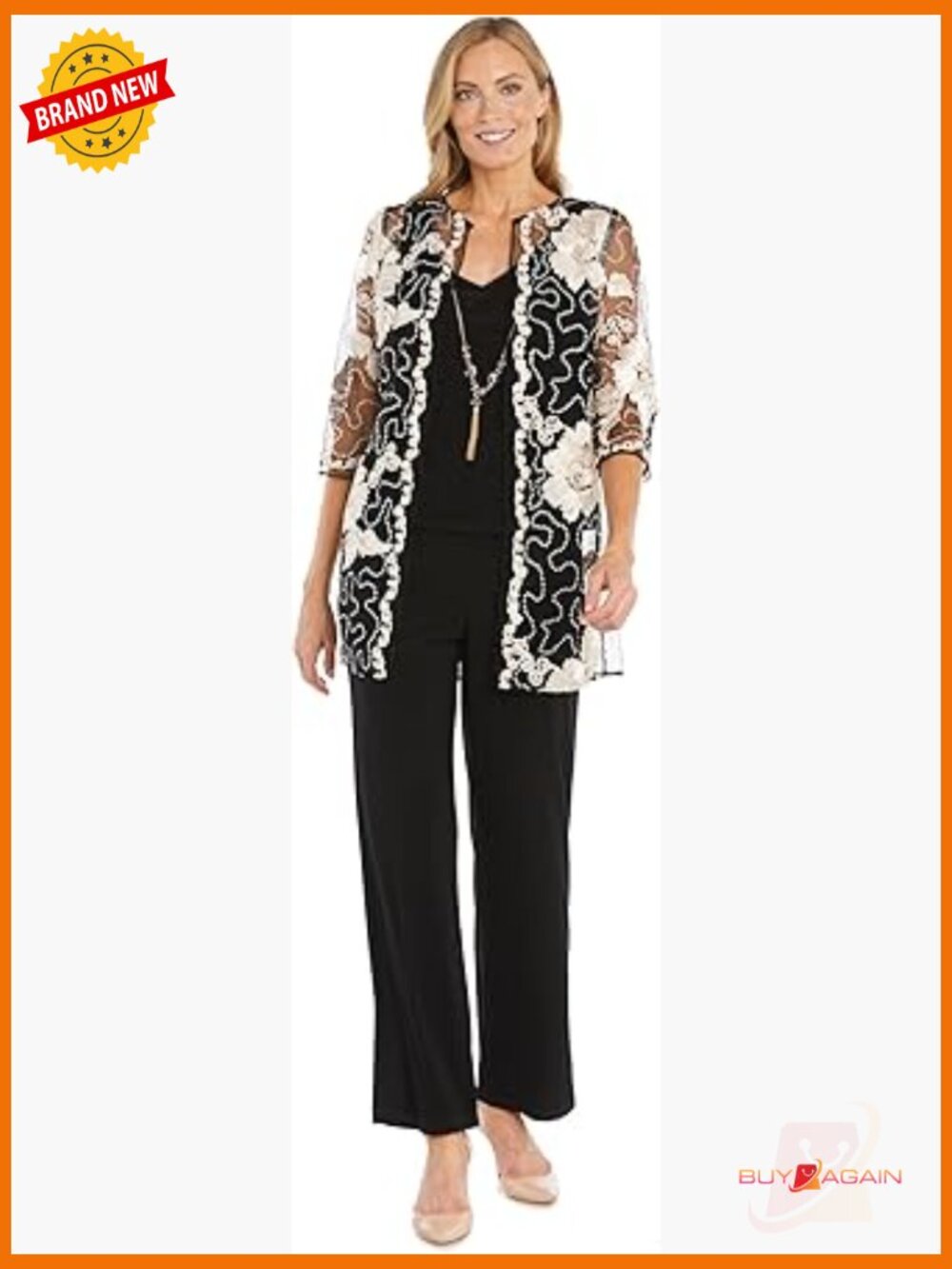 3-Piece Sequin Soutache Cardigan Pantsuit Set W/Necklace